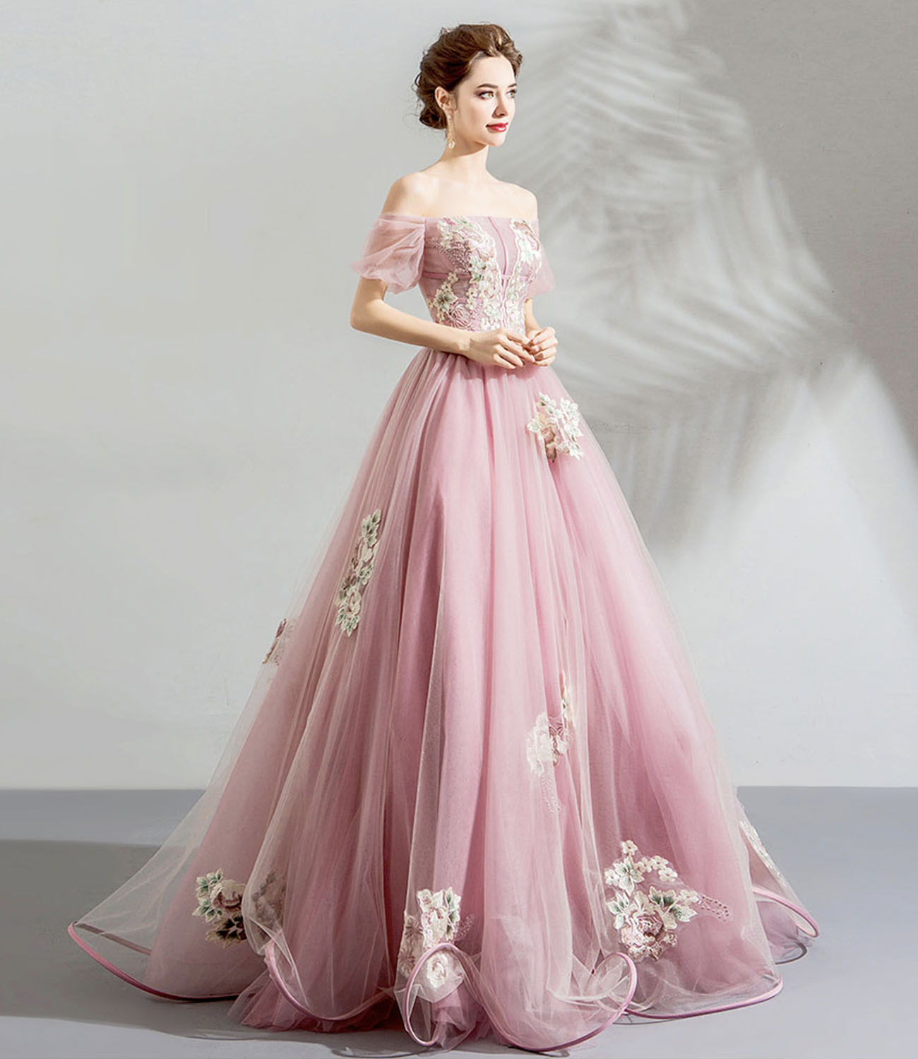 Pink tulle lace long prom dress evening dress