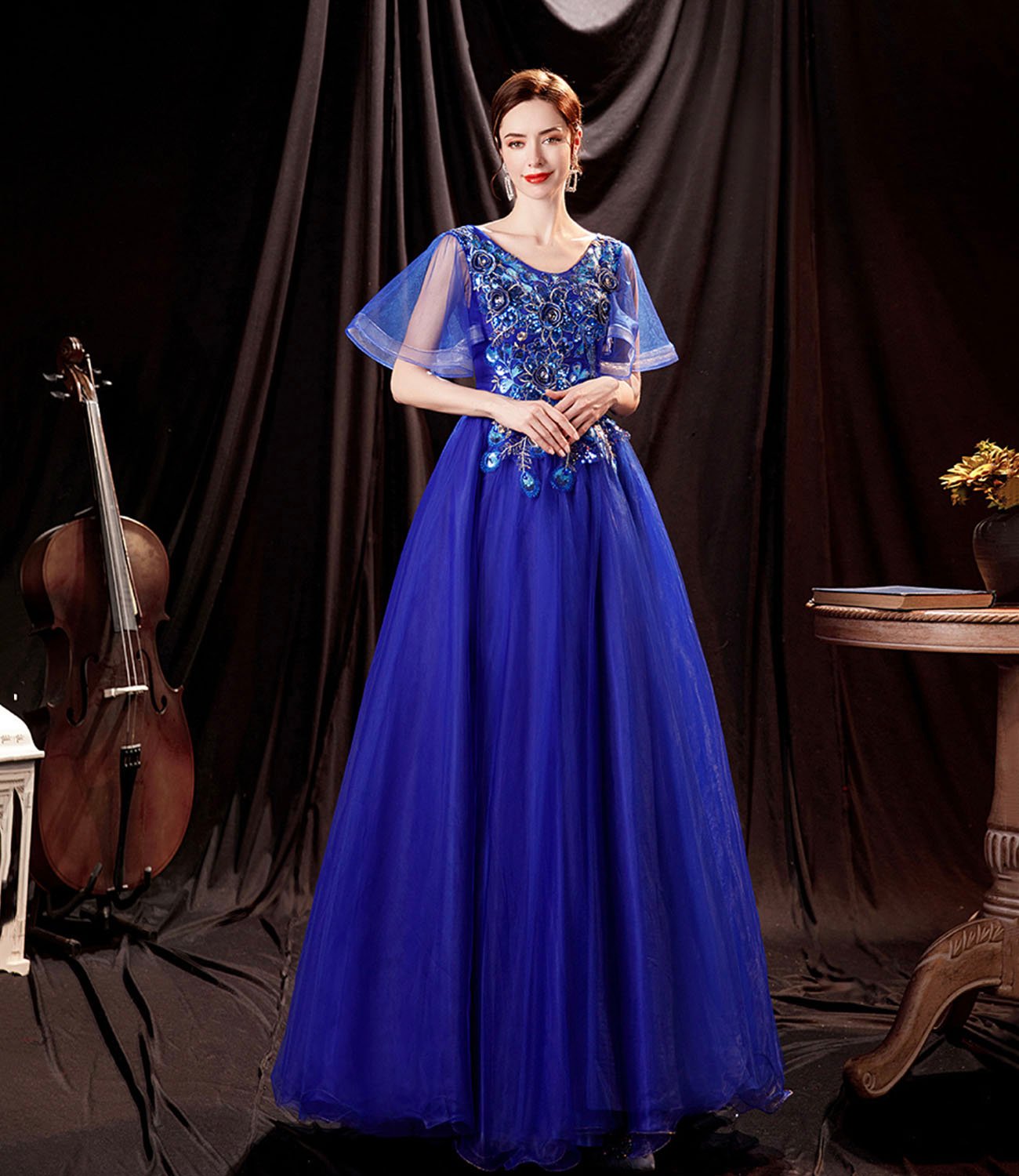 Elegant tulle lace long prom dress blue evening dress