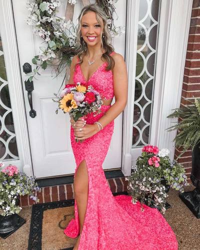 Sparkly Mermaid V Neck Pink Sequin Long Prom Dresses Evening Dresses