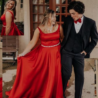 Exquisite a-line square neck red satin long prom dresses with pockets - Thumbnail 4