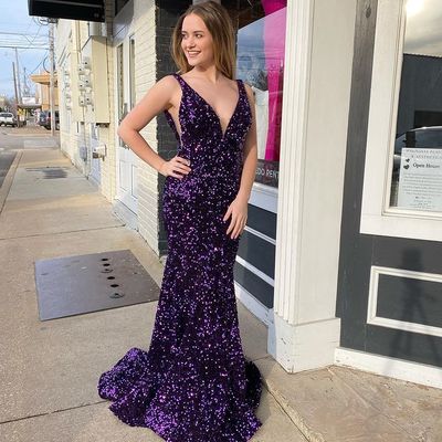 Dark purple velvet sequins long prom dresses - Thumbnail 2