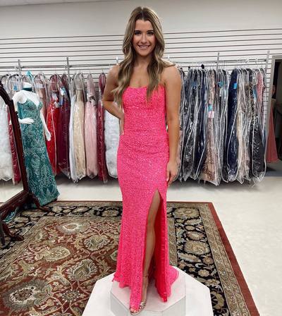 SP2004,Hot pink prom dress sequin split long evening party dress