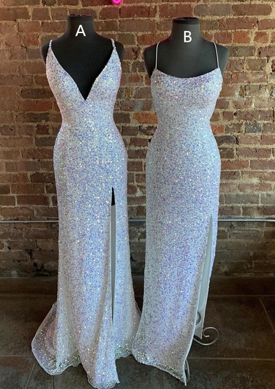 SP2007,Spaghetti straps white sequin long prom dresses mermaid evening dress with side slit