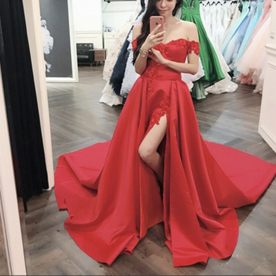 Off shoulder red prom dresses slit with appliqués - Thumbnail 2