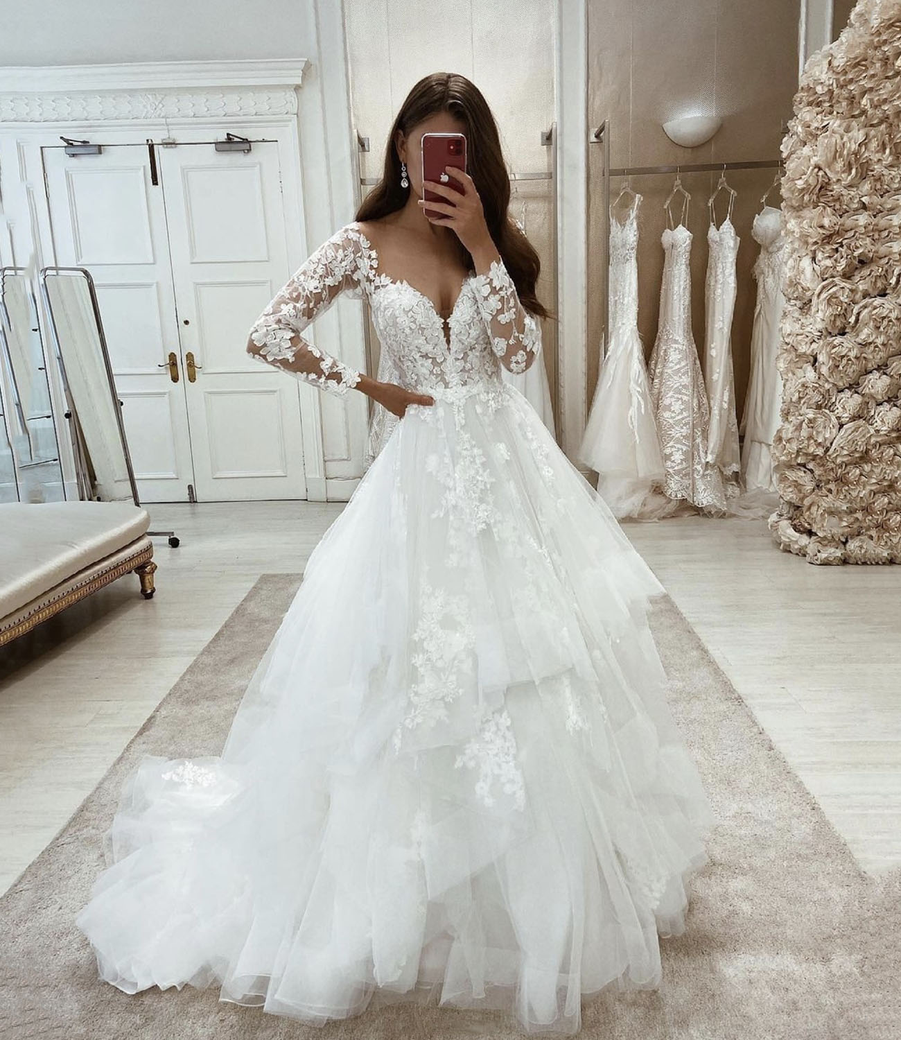 White tulle lace long prom dress A line formal dress