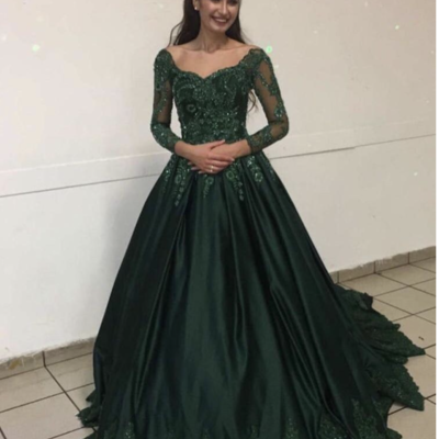 Dark green prom dresses with full sleeves appliqués - Thumbnail 2