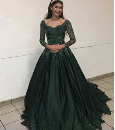 Dark Green Prom Dresses with Full Sleeves Appliqués