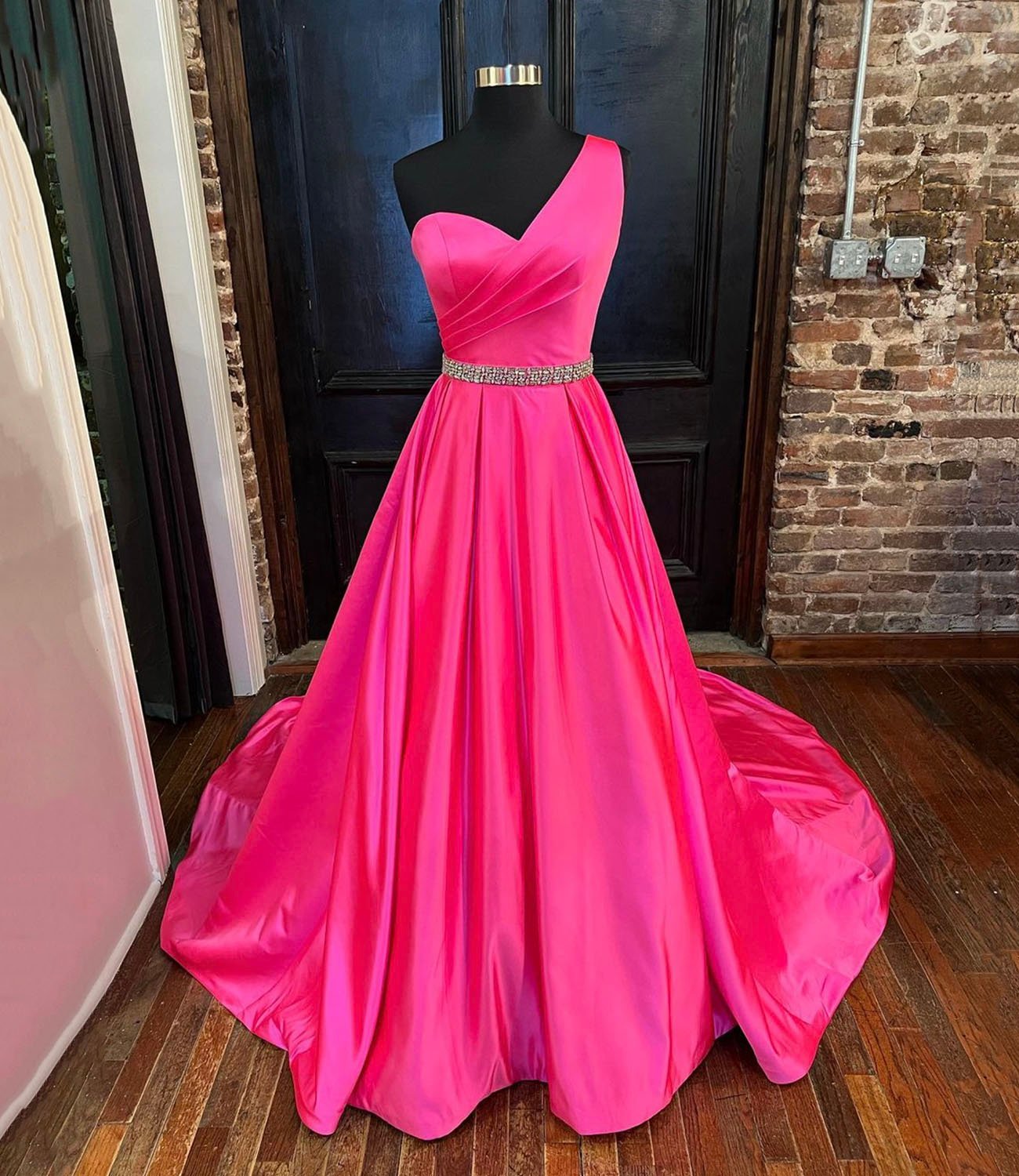 Pink satin long prom dress one shoulder evening dress