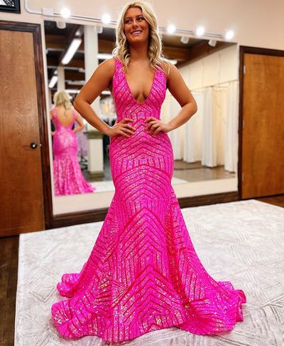 2022 Fashion Hot Pink Sequins Mermaid V Neck Prom Dress