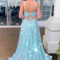 Sparkly A Line Scoop Neck Light Blue Sequins Long Prom Dresses with Slit - Thumbnail 1