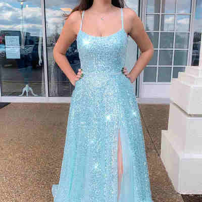 Sparkly a line scoop neck light blue sequins long prom dresses with slit - Thumbnail 2