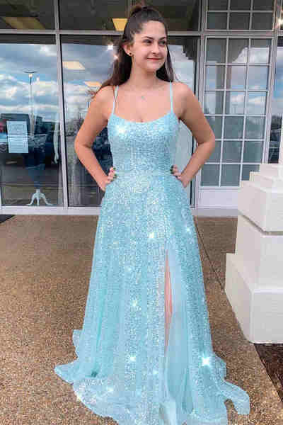 Sparkly A Line Scoop Neck Light Blue Sequins Long Prom Dresses with Slit