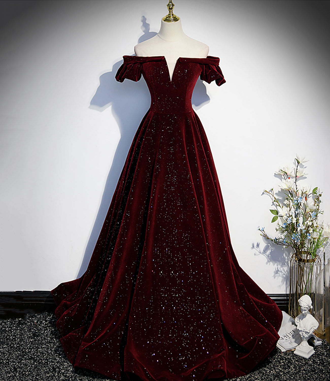 Burgundy velvet long prom dress A line evening dress