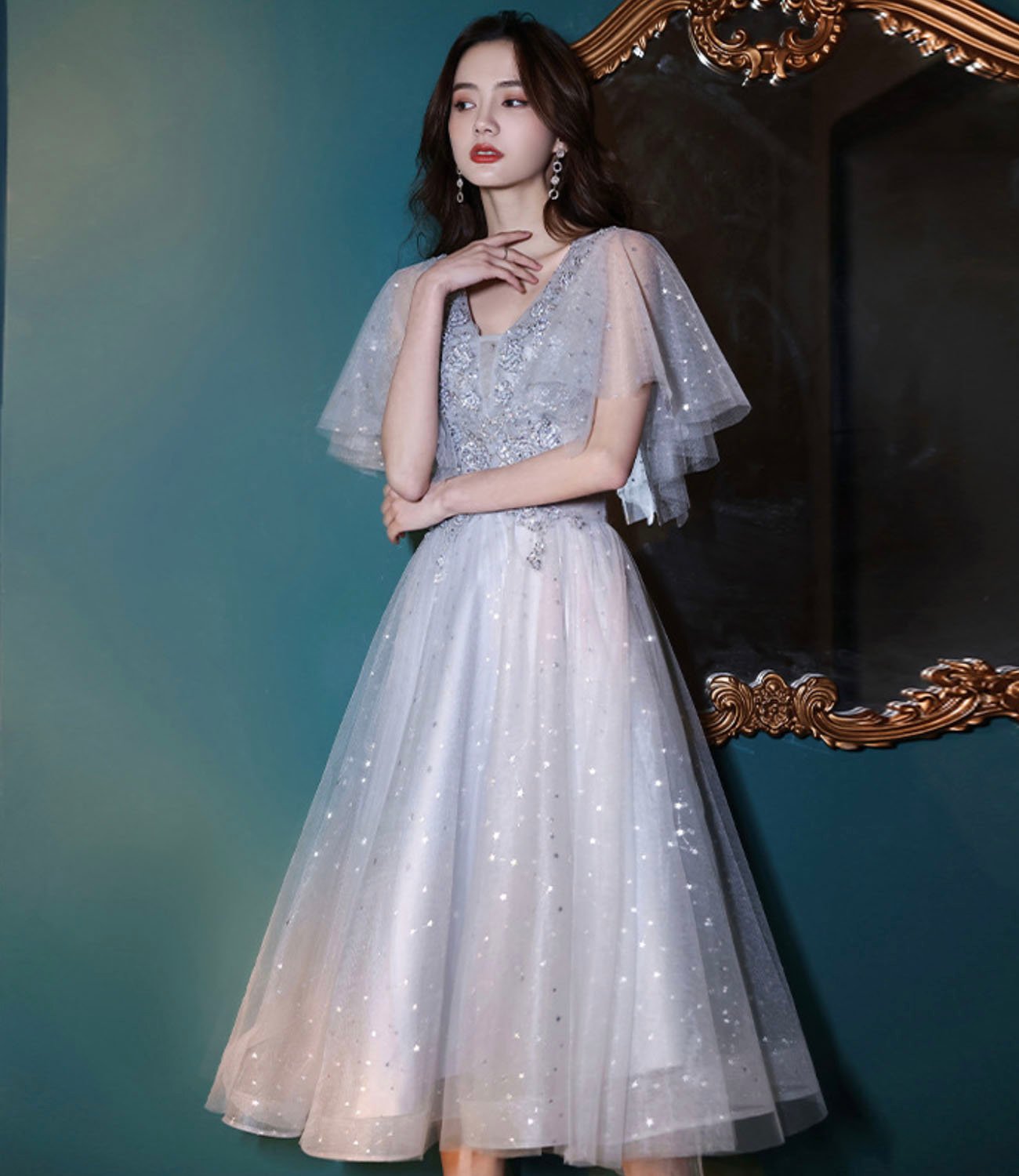 Gray tulle sequins short prom dress homecoming dress