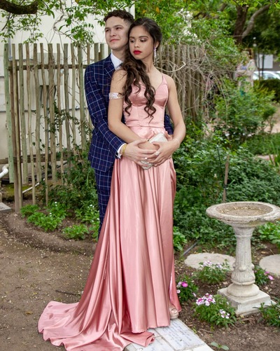 Gorgeous A-Line V Neck Blush Pink Satin Long Prom Dresses Evening Dresses