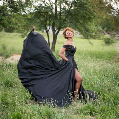 Modern a-line off the shoulder black satin long prom dresses with pockets - Thumbnail 3