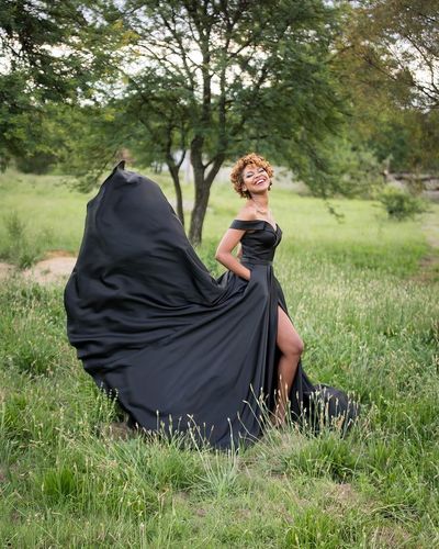 Modern A-Line Off the Shoulder Black Satin Long Prom Dresses with Pockets