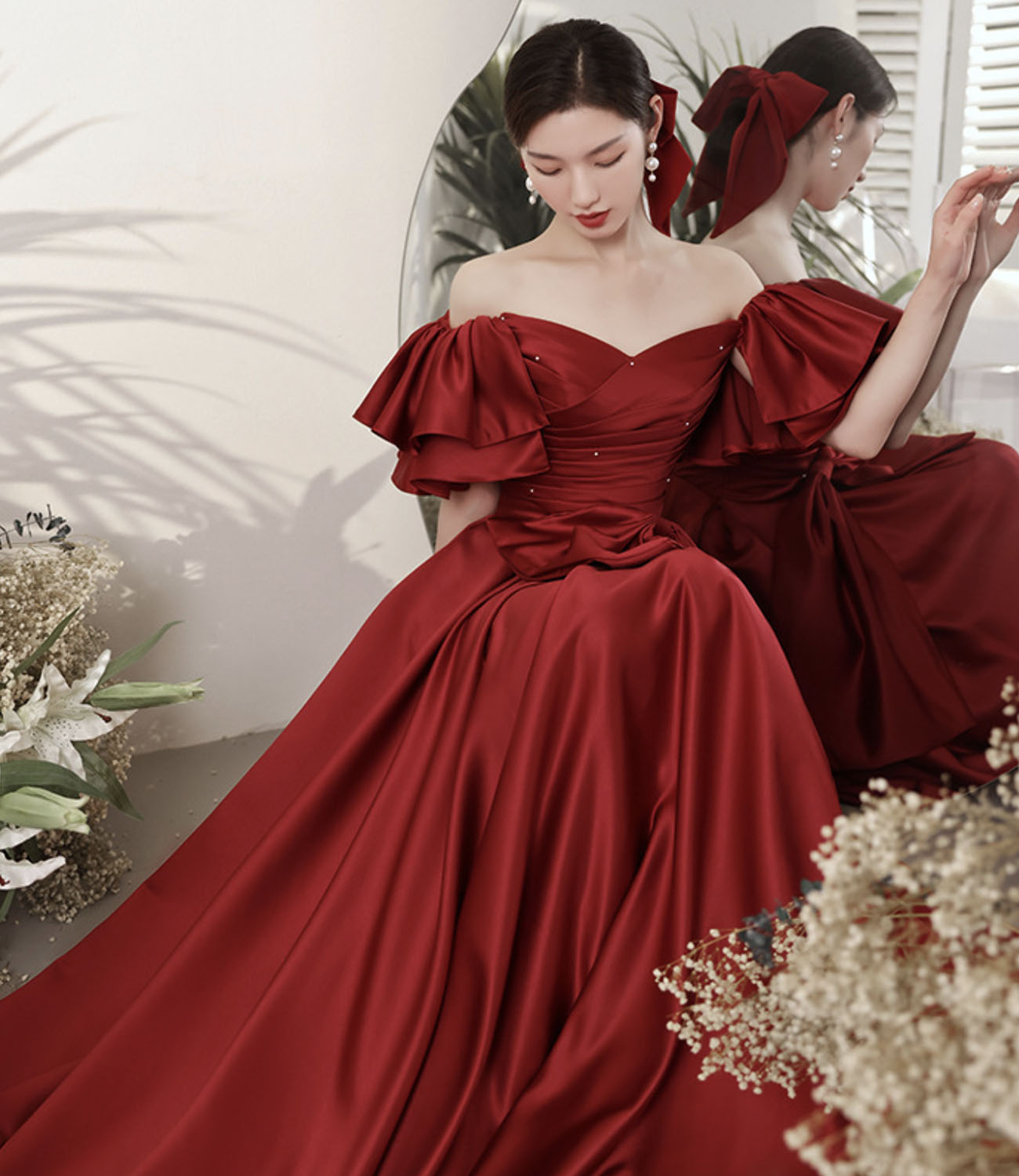 Burgundy satin long prom dress A line evening dress