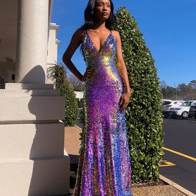 Stunning mermaid v neck long prom dresses with sequins - Thumbnail 3