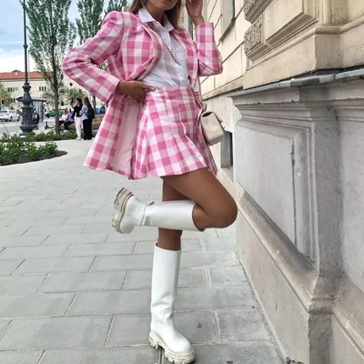 Cute 2pcs Set Vinatge Pink Plaid Blazer + High Waist Mini Skirt Suit Summer Aesthetic Casual E-Girl Kawaii Korean Japanese Harajuku