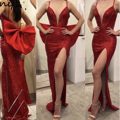 Red prom dresses sequins with big bowknot  - Thumbnail 3