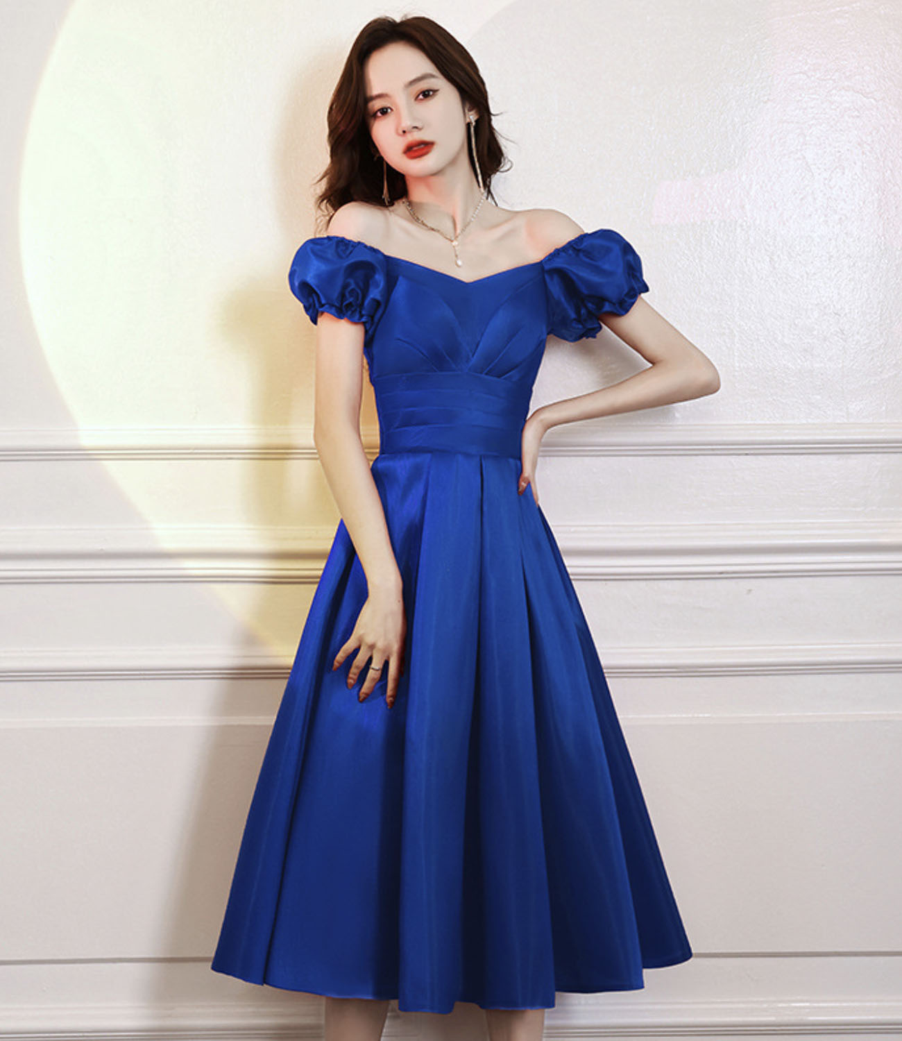 Blue satin short A line prom dress homecoming dress
