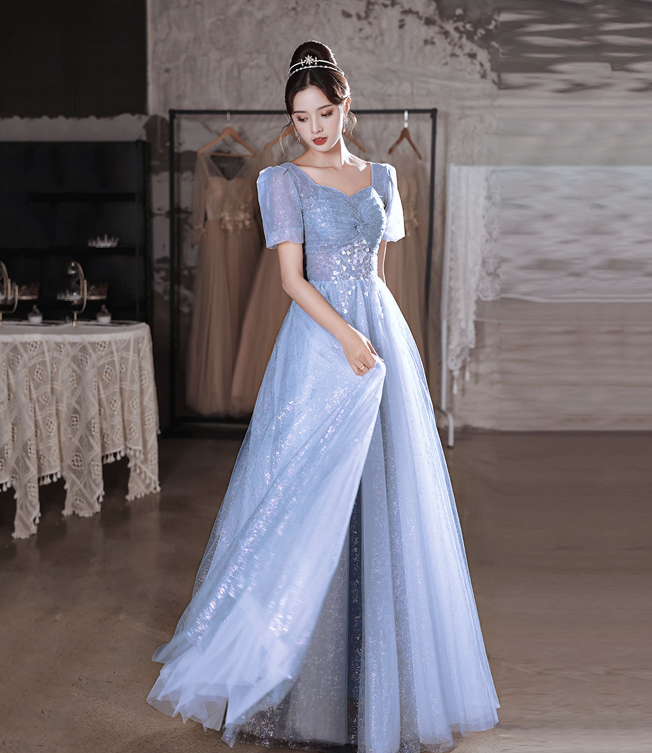 Blue tulle sequins long prom dress blue evening dress
