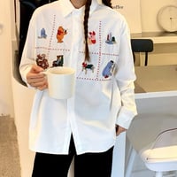 Cartoon Animal Embroidery Long Sleeve Shirt - Thumbnail 2