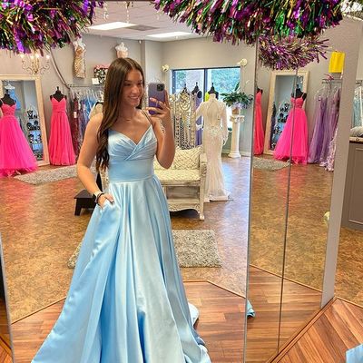 Cute a line v neck light blue satin long prom dresses with bow - Thumbnail 1