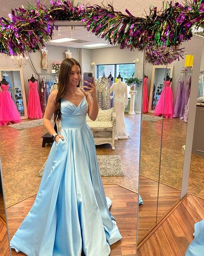 Cute A Line V Neck Light Blue Satin Long Prom Dresses with Bow