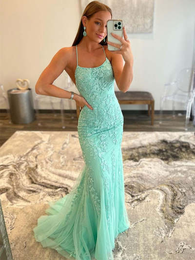 SP2015,Green mermaid prom dresses,applique tulle evening dress,cross back formal party dress