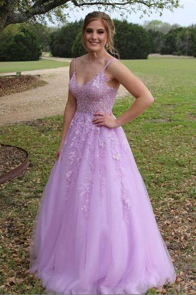 SP2018,Light purple evening formal gown tulle lace prom dresses v-neck sweet 16 dress