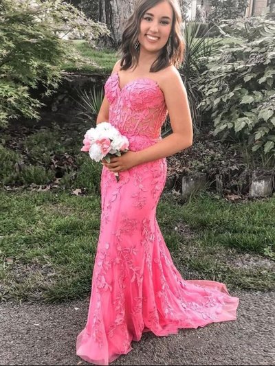 SP2019,Sweetheart pink evening dresses applique mermaid prom formal gown