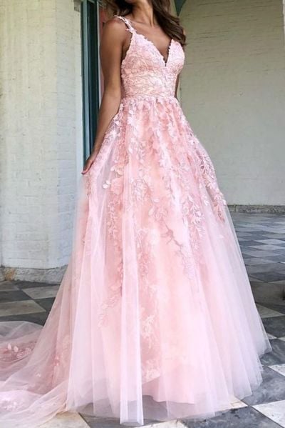SP2021,Light pink lace prom dresses,a-line applique long evening dress,senior prom dress