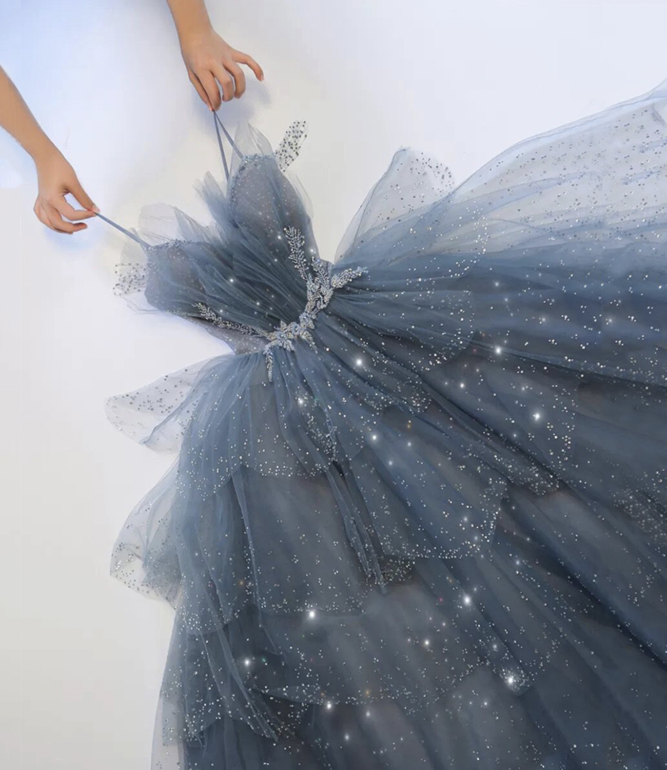 Blue tulle sequins long ball gown dress formal dress