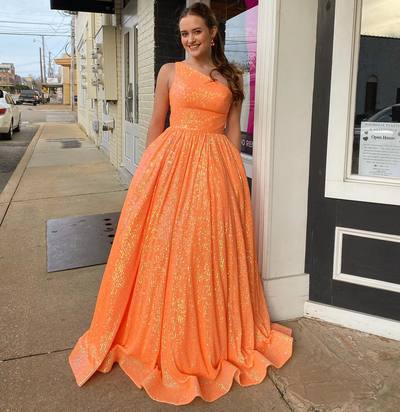 Gorgeous A-Line One Shoulder Orange Sparkly Satin Long Prom Dreeses with Pockets