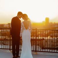 Classy Mermaid V Neck Long Sleeve White Satin Lace Wedding Dresses - Thumbnail 1