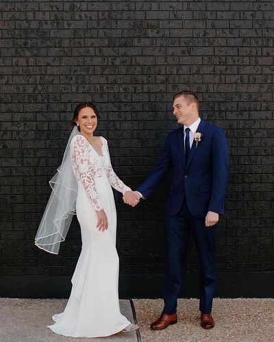 Classy Mermaid V Neck Long Sleeve White Satin Lace Wedding Dresses