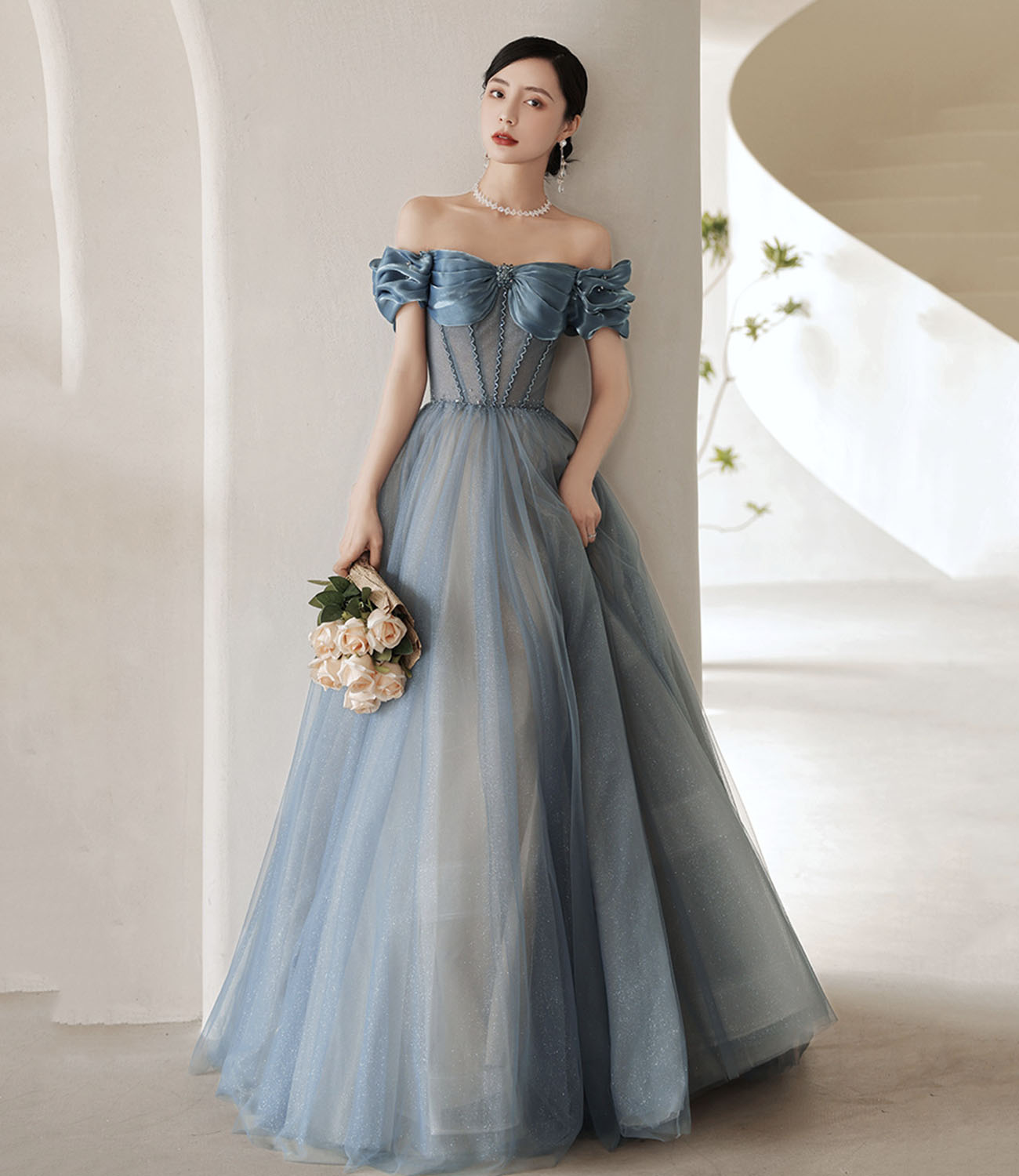 Blue tulle sequins long prom dress blue evening dress