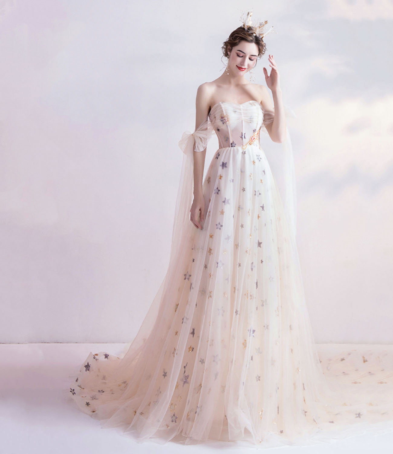 Champagne tulle sequins long prom dress with star