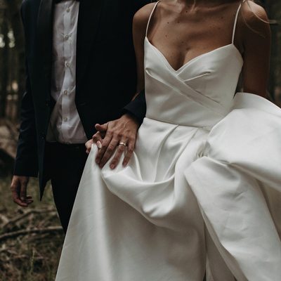 Gorgeous A-Line V Neck Spaghetti Straps White Satin Wedding Dresses