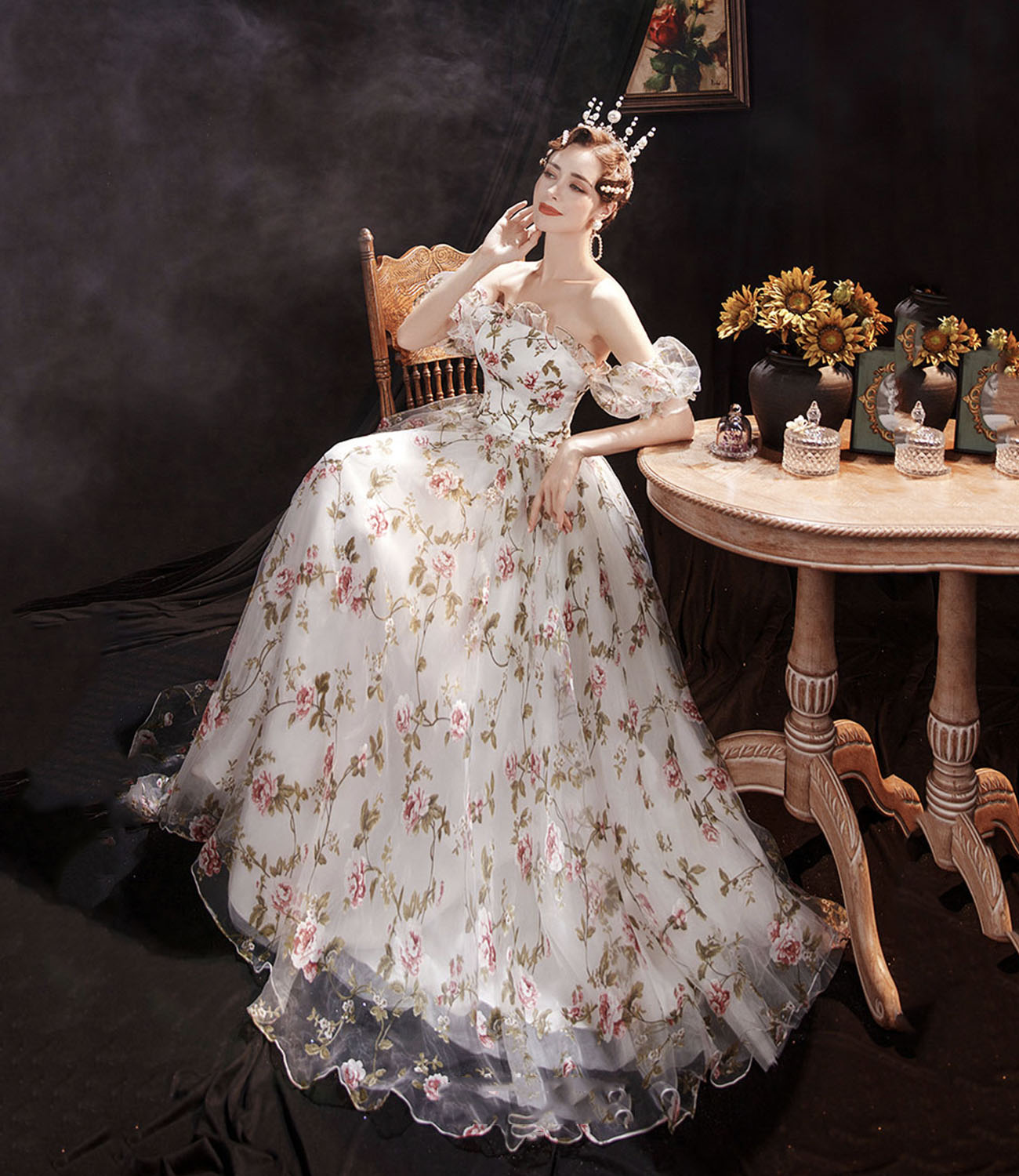 White flora tulle long prom dress evening dress