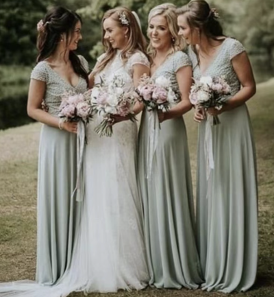 V Neck Bridesmaid Dresses Cap Sleeves