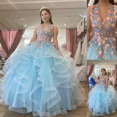 V neck blue prom dresses birthday gown with 3d flowers - Thumbnail 3