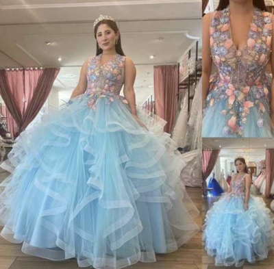 V Neck Blue Prom Dresses Birthday Gown with 3D Flowers