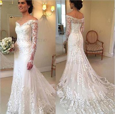Glamorous Sexy Lace Mermaid Wedding Dress Off-the-Shoulder Tulle Long Sleeves Appliques,1330