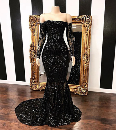Black Lace Strapless Long Mermaid Prom Dress With Long Sleeves,772