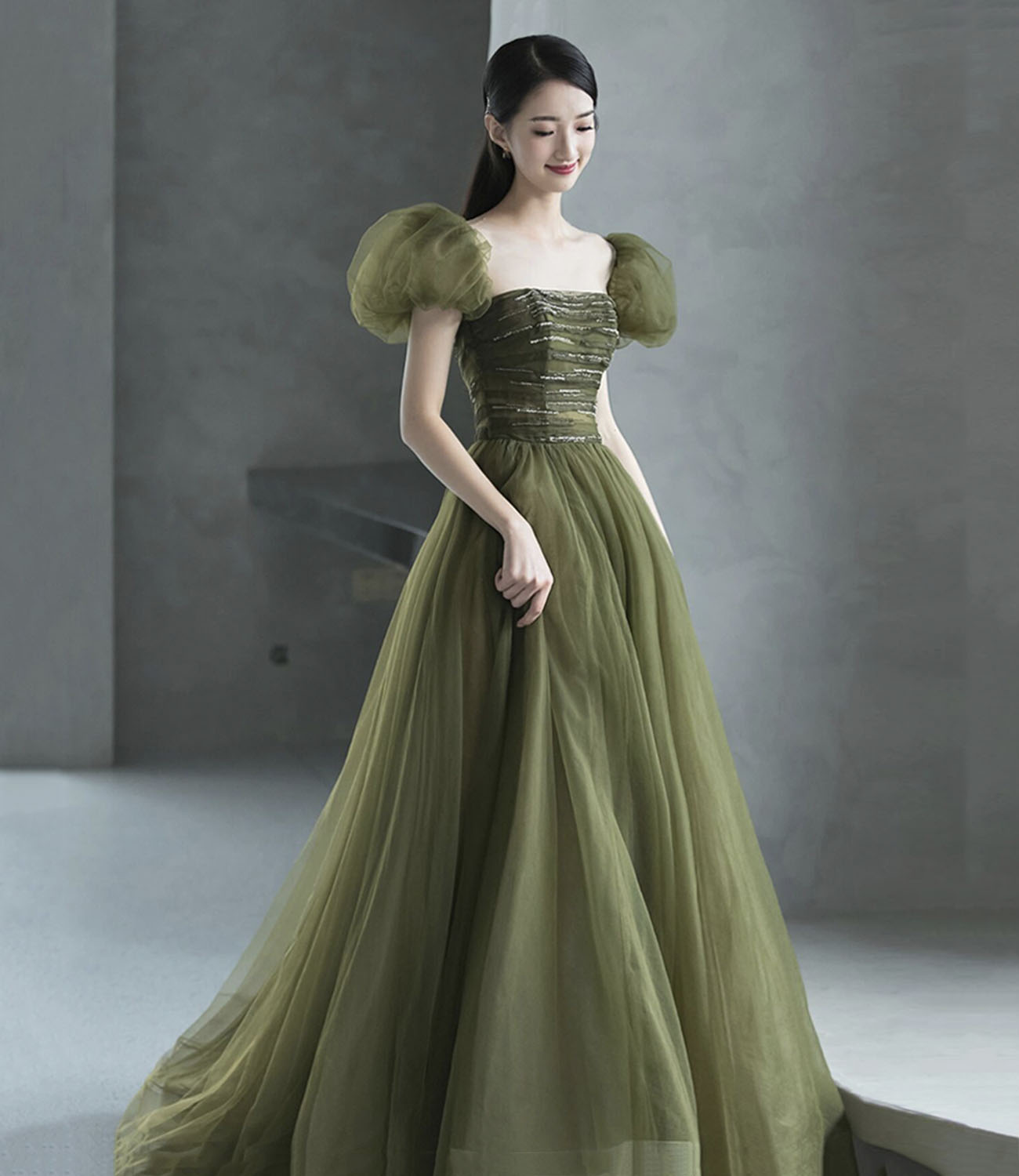 Green tulle long prom dress green evening dress