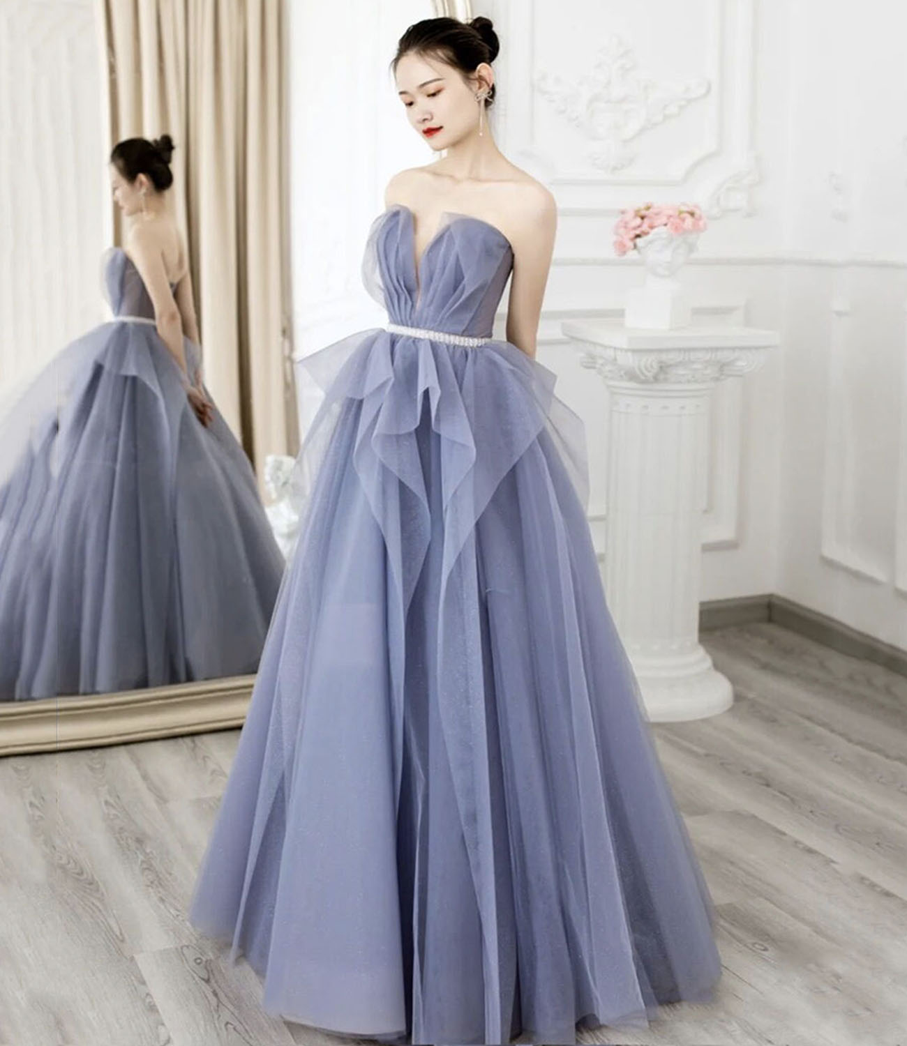 Purple tulle long prom dress A line evening gown