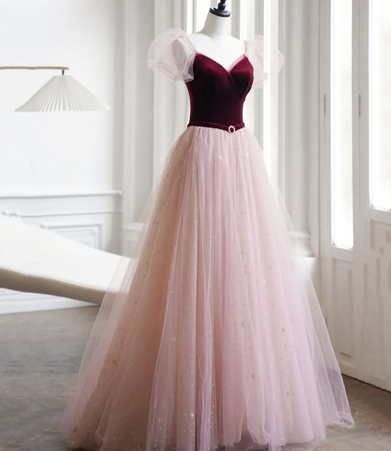 Cute velvet tulle long prom dress pink evening dress